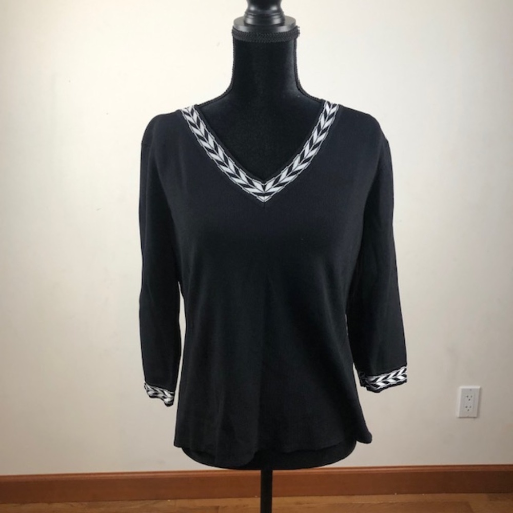 Pointelle XL black with white trim, long sleeve, V-neck sweater.